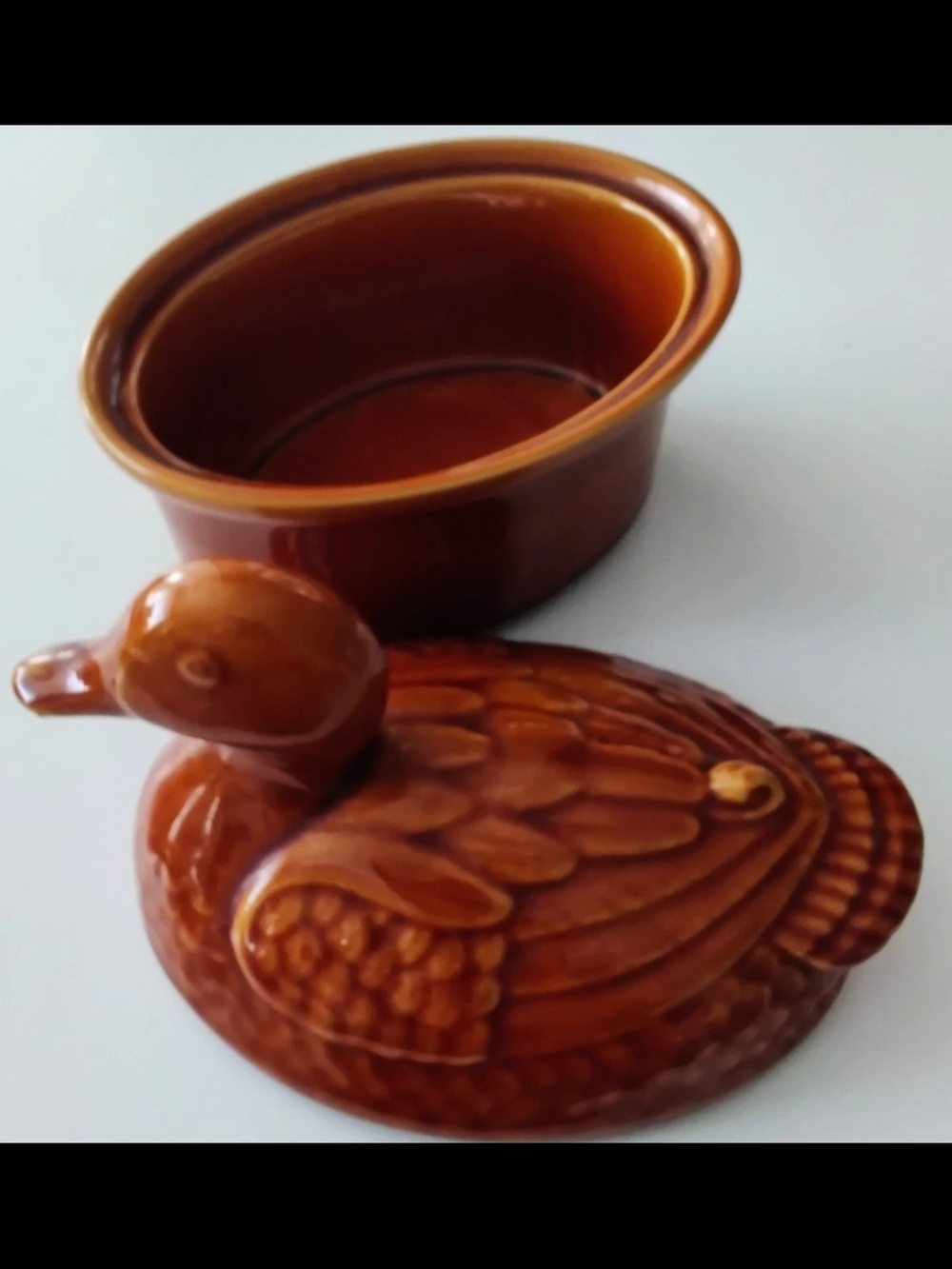 Vintage Copper Brown Ceramic Majolica 'Duck on Nest' Lidded Box